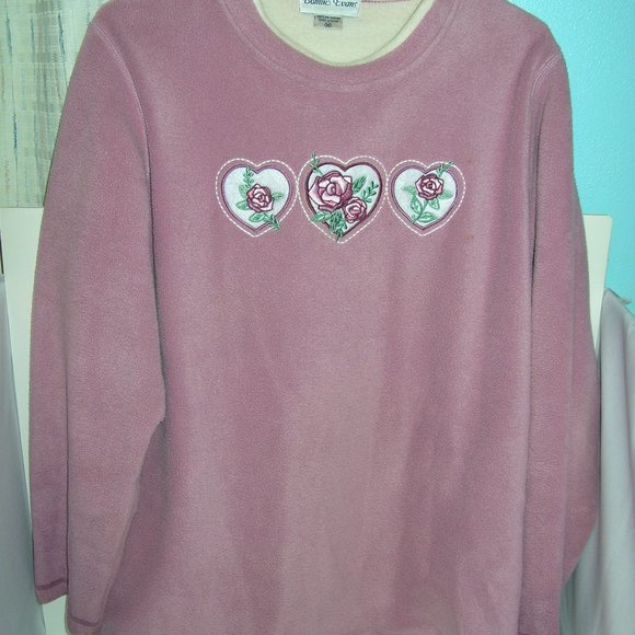 FLEECE PULL OVER TOP BLOUSE SHIRT w/Embroidery Bonnie Evans Medium Pink H - Picture 2 of 5